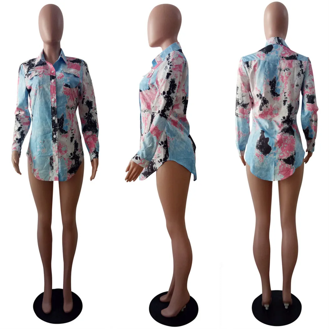 

HAOOHU Long Sleeve Women Blouses 2021 Spring Turn-down Collar Blouse Shirt Casual Tops Elegant Work Wear Tie Dye Shirts