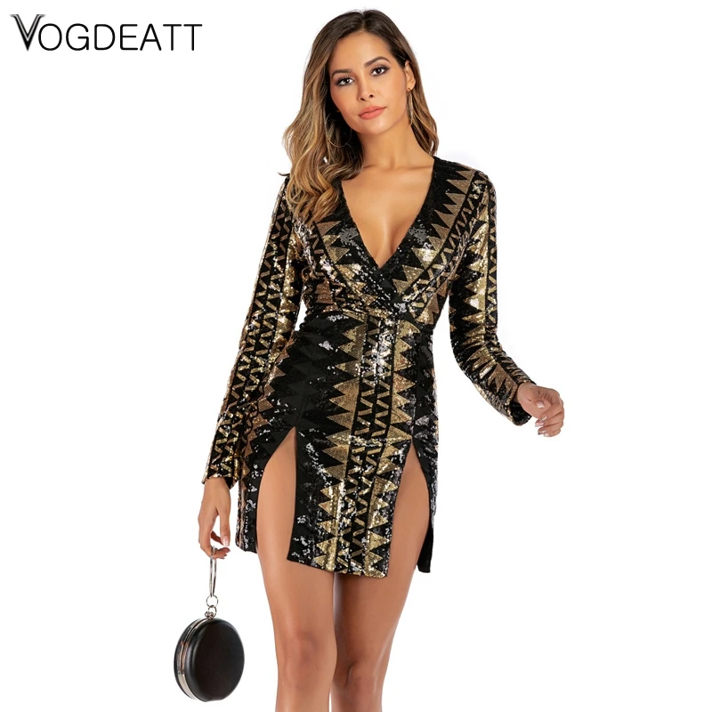 

2020 New Sexy V-Neck Sequin Mini Dress Fashion Skinny Hip Backless Long Sleeve Dress Party Nightclub Wear Vestidos
