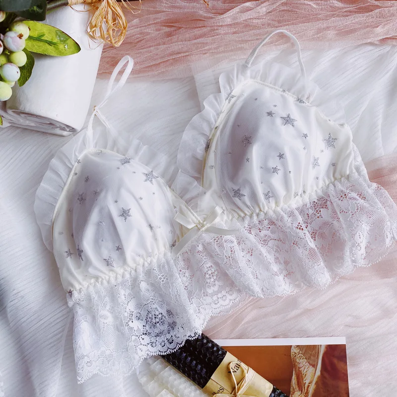 

Wriufred Lightweight non-wireless underwear women's thin bra triangle cup sexy flounce soft lingerie lace edge girl comfort bras