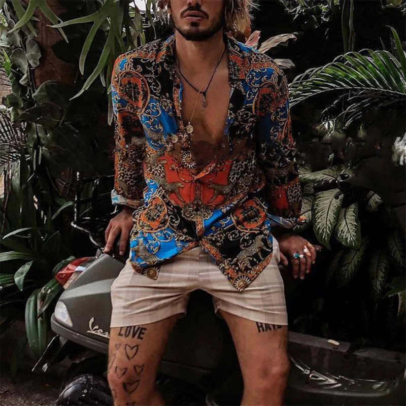 

Mens Clothing Fashion Vintage Pattern Printed Shirts 2021 Spring Summer Lapel Buttoned Shirts Casual Loose Beach Male Tops 2XL