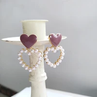 s925 needle sweet jewelry heart earrings pretty design enamel simulated pearl love drop earrings for girl fine accessories