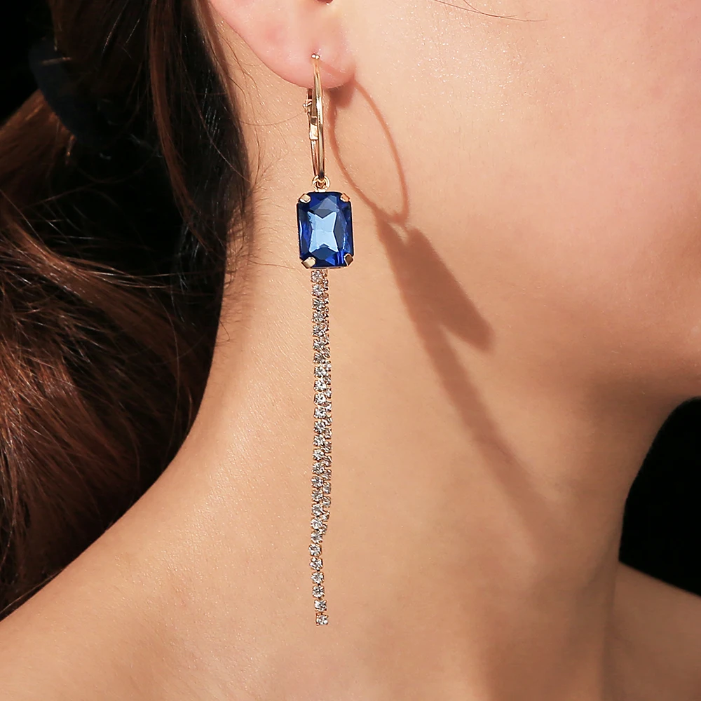 

Kpop Long Pendant Dangle Earrings With Bule Cubic Zirconia Tassels Hoop Earring for Women Bridesmaid Jewelry Accessories Gift