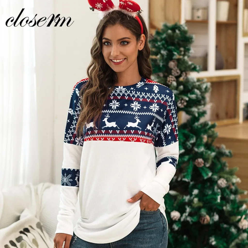 Свитер 2019Top Женская рождественская блуза с длинным рукавом и заплатками