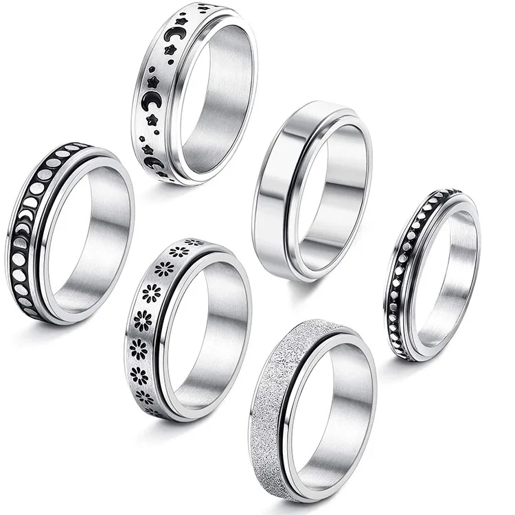 

6Pcs Stainless Steel Cut Flower Ring for Women Fidget Band s Moon Star Sand Blast Finish Set