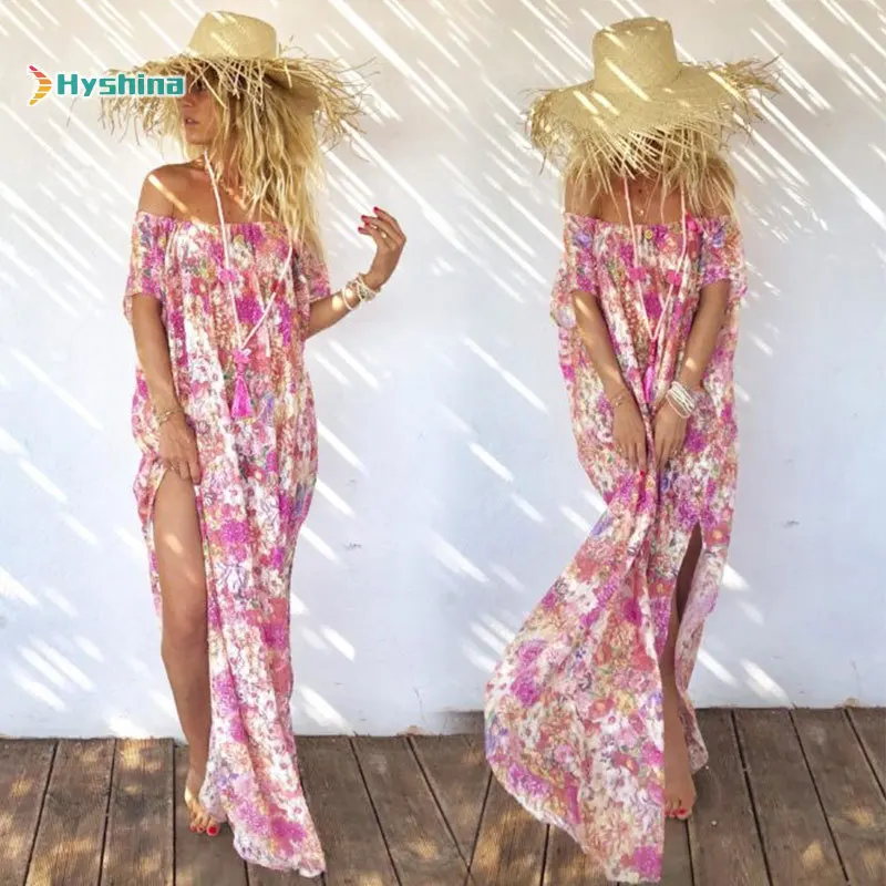 

Chiffon Print Tube Top Bohemian Vacation Beach Split Dress Long
