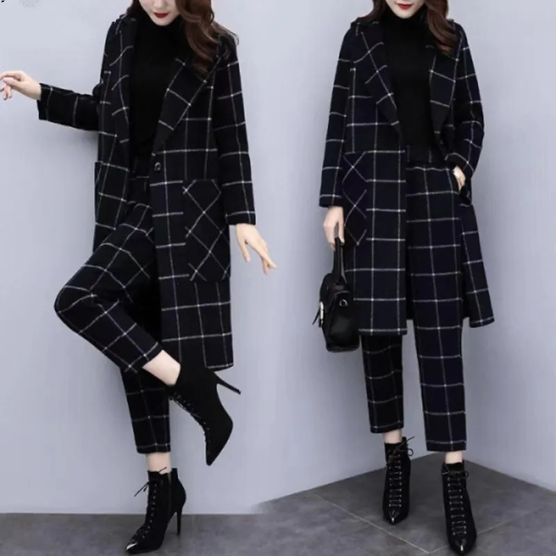 

2021 Зимние черные сапоги из шерсти в клетку из двух предметов, комплект одежды для сна, комплекты для женщин размера плюс, длинное пальто и бр...