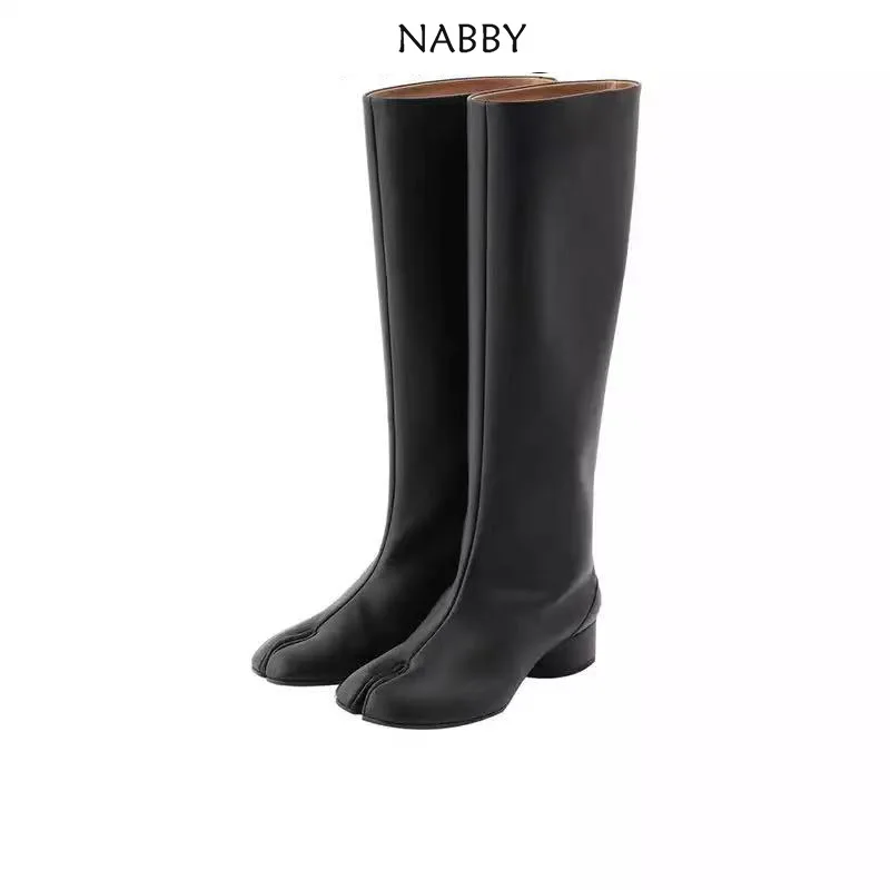 

Женские кожаные сапоги до колена, черные брендовые дизайнерские сапоги на платформе с разрезом и высоким каблуком, 2021