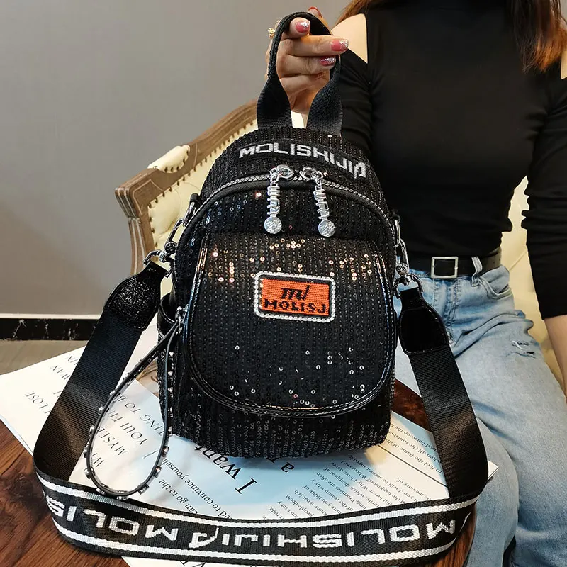 

New Sequin Leather Women Luxury Backpack Purse for Women High Quality Over Shoulder Ladies Big Ita Travel Black Mochila