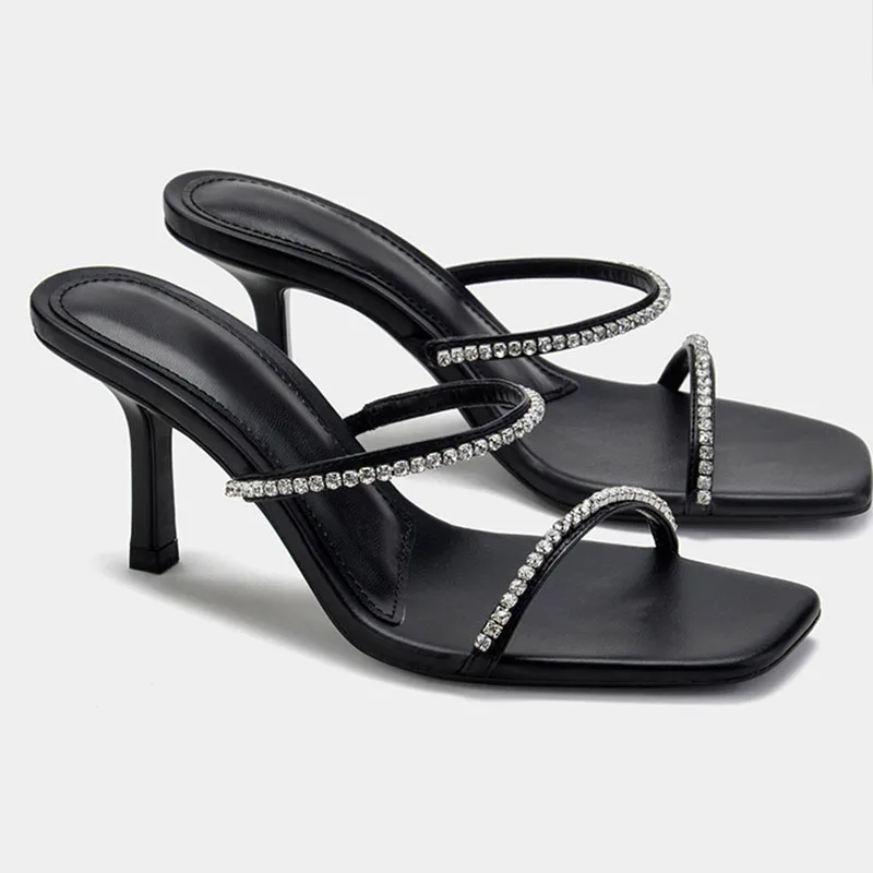 

2021 New Summer Women Slippers Fashion Bling Rhinestone Sandal Ladies Thin High Heel Brand Elegant Slides Shoes Party Dress Pump