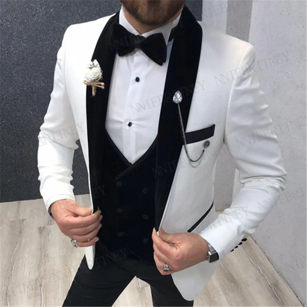 

2021 Men's Suit Fashion Formal Business Slim Fit 3-Pieces White Blazers Black Pant Men's Tuxedo Wedding Men Suits Groom Suit