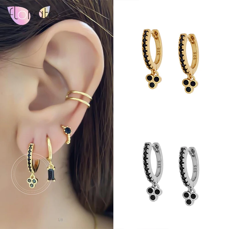 

European and American 925 Sterling Silver Ear Buckle Hoop Earrings for Women Black/White Crystal Pendant Circle Earrings Jewelry
