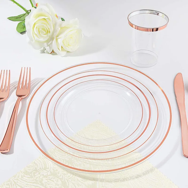 Розовое золото 25 шт. одноразовые пластиковые тарелки для столовой посуды 1