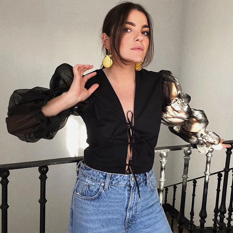 

Goocheer Puff Sleeve Mesh Spliced Blouse Top Bow Bandage Ruffles White Slim Sexy V-Neck Long Sleeve Vintage Shirt Women Cropped