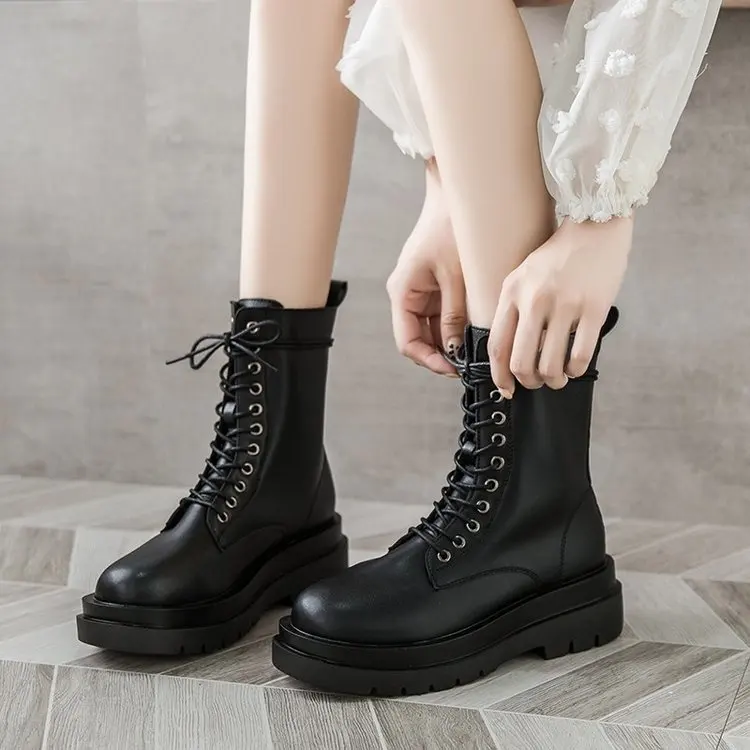 High-top Martin Boots Female Korean Fashion Lace-up Handsome Motorcycle Boots Plus Velvet Boots Shoes Women  High Heel Boots