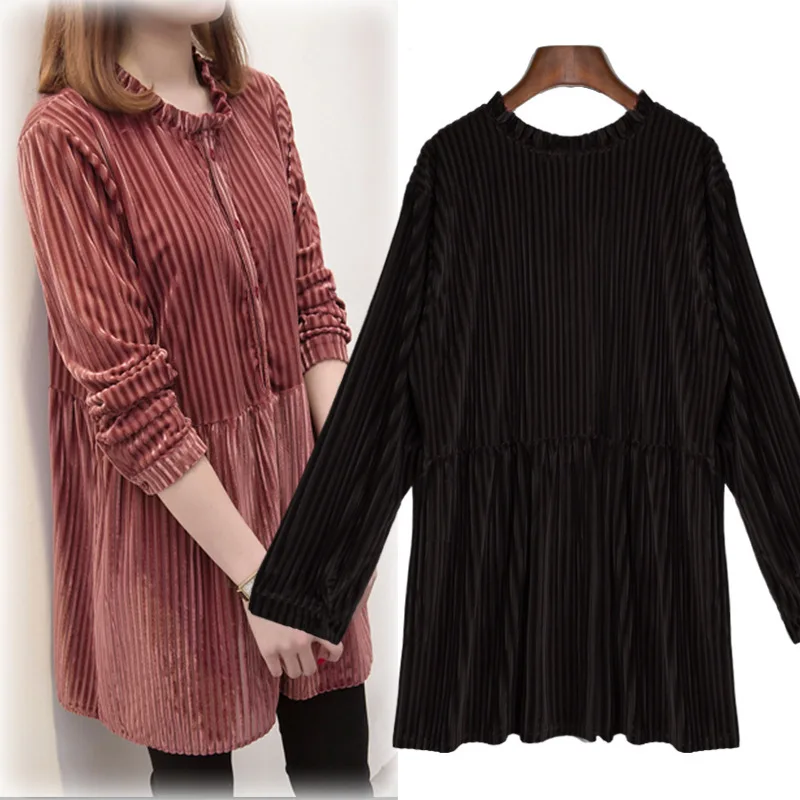 Women blouses plus size 2020 spring new fashion Vintage O-Neck velvet Long women clothing black pink streetwear office blouse | Женская