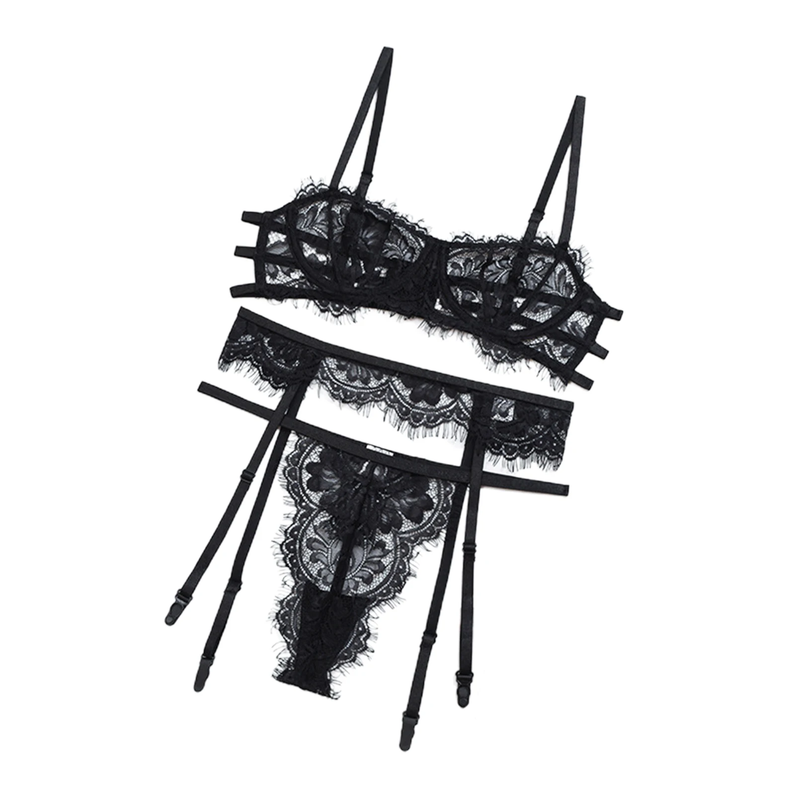 

3 Pcs Women Sexy Lingerie Set, See-through Eyelash Lace Bra with Spaghetti Straps + Thong + Garter Belt