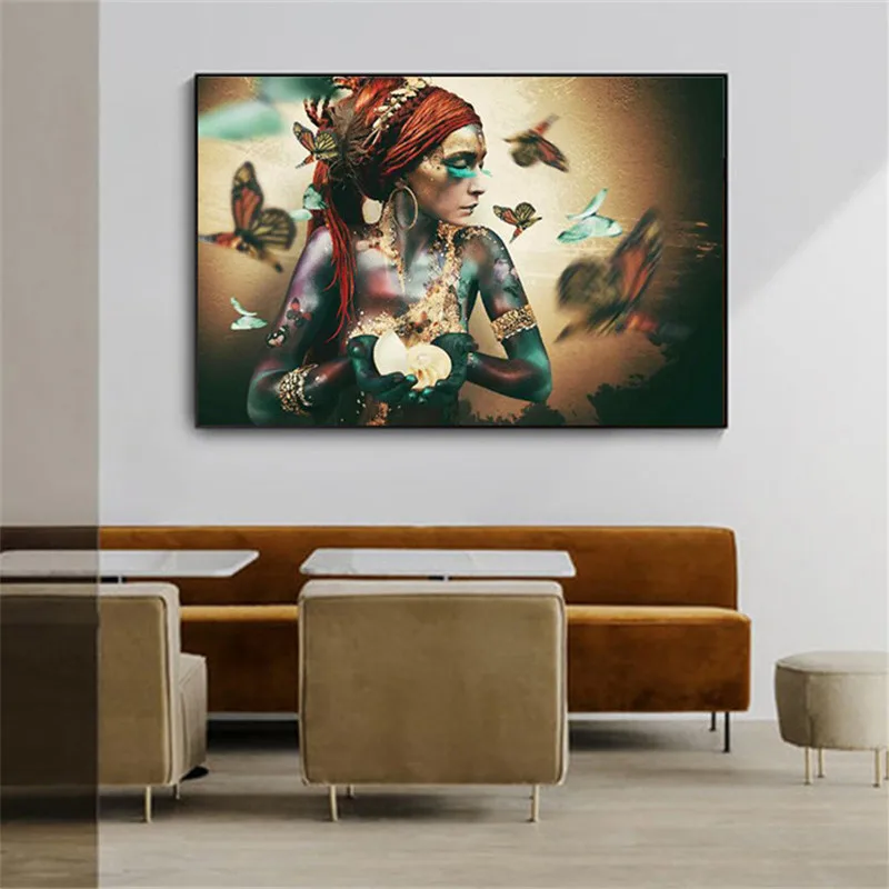 

African Woman with Butterfly Canvas Paintings on the Wall Art Posters And Prints Colorful Black Girl Art Picture Home Decoration