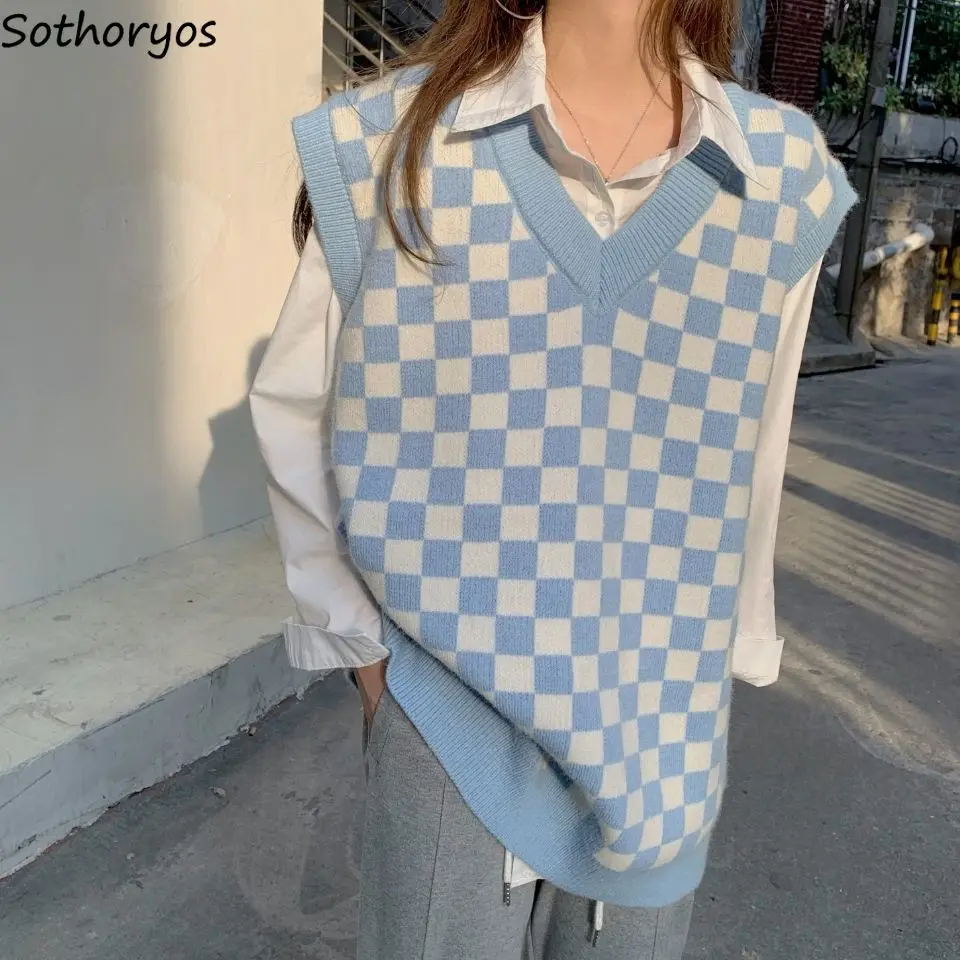 

Checkered Sweater Vest Women Cool Cute Girls Korean Preppy Style All-match Simple Fashion Knitwear Leisure Loose Stylish Design