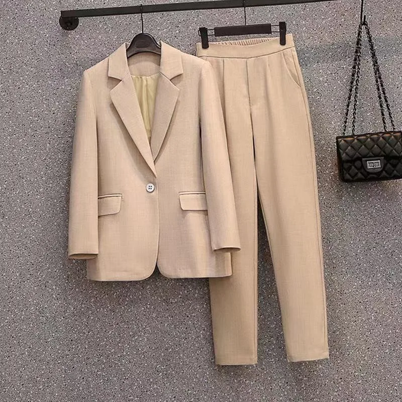 

2021 Autumn Women Blazer Pant Suit Set Office Lady Pockets Notched Elastic Waist Straight Business Suits Ladies Plus Size 4xl