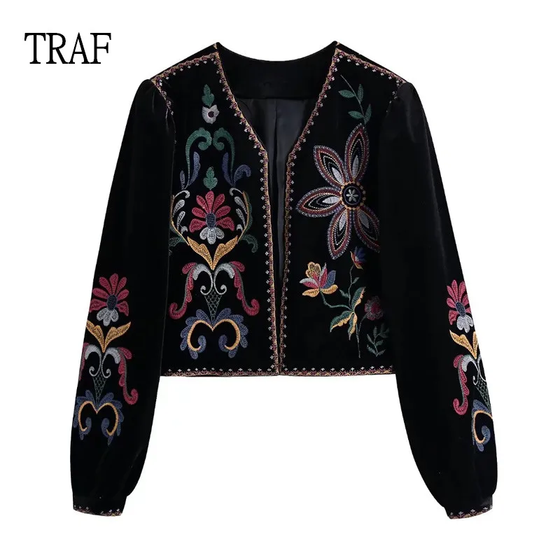 

TRAF Velvet Women Shirt 2021 Fashion Embroidery Shirt Woman Long Sleeve Vintage Women's Clothing Elegant Blouses Female Tops