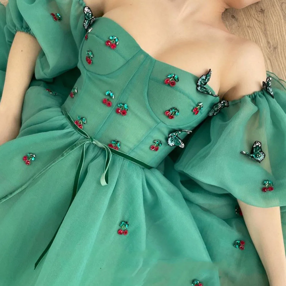 Puff Sleeves Prom Dresses Knee Butterfly Appliques Sweetheart Length Formal Party Gowns's Women Green Cocktail Dress 2021 | Свадьбы и