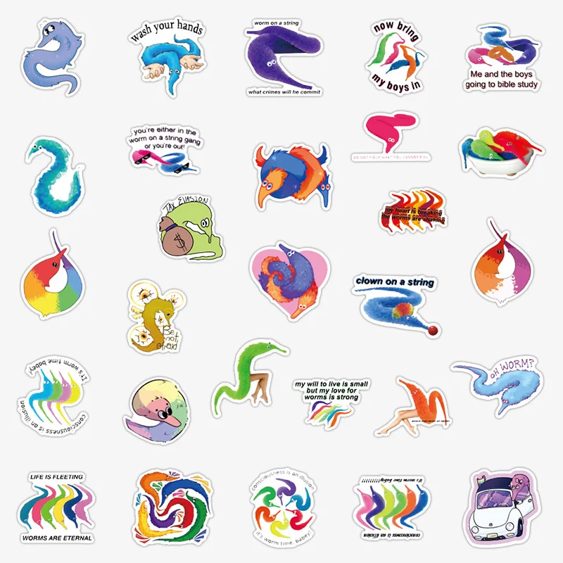 50pcs/set Magic Worm On A String Meme Stickers Cartoon For Skateboard Suitcase Laptop Luggage Guitar Car |