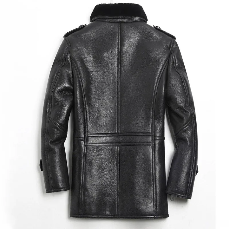 

Double Shearling Winter Thicken Breasted Jacket Men Real Fur Wool Line Warm Genuine Leather Overcoat Classic Business Jackets