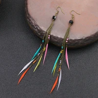 summer boho style rainbow feather earrings with chain tassel gypsy bohemian tassel long earrings rustic rooster feather 16 8cm