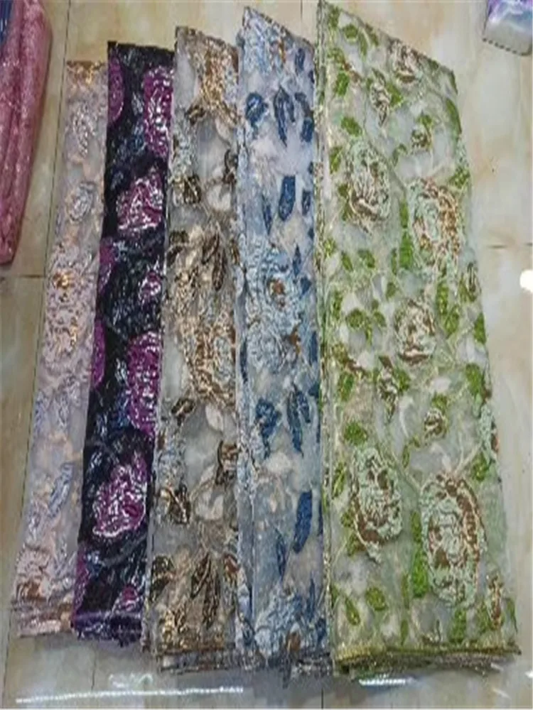 

Latest design French Lace Fabric Hot sales skyblue Elegant African Tulle lace Sequins Nigerian Lace Fabrics Wedding 5Yards HD226