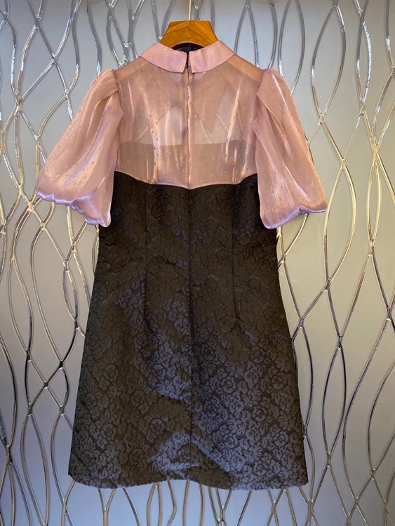 

Spring 2021 new women's fashion lapel see-through color matching lantern short-sleeved dress 303
