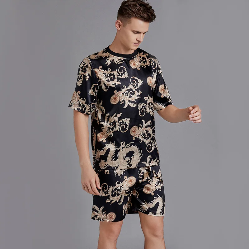 Пижамный комплект Мужской Атласный шелковая пижама с принтом шорты коротким
