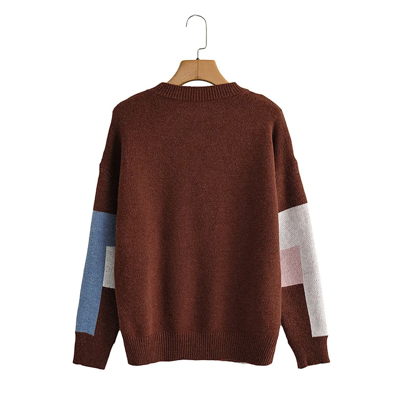 

Toppies 2021 Autumn Winter Colorblock Patchwork Sweaters Round Neck Knitted Tops Pullovers Women Round Neck Sweater
