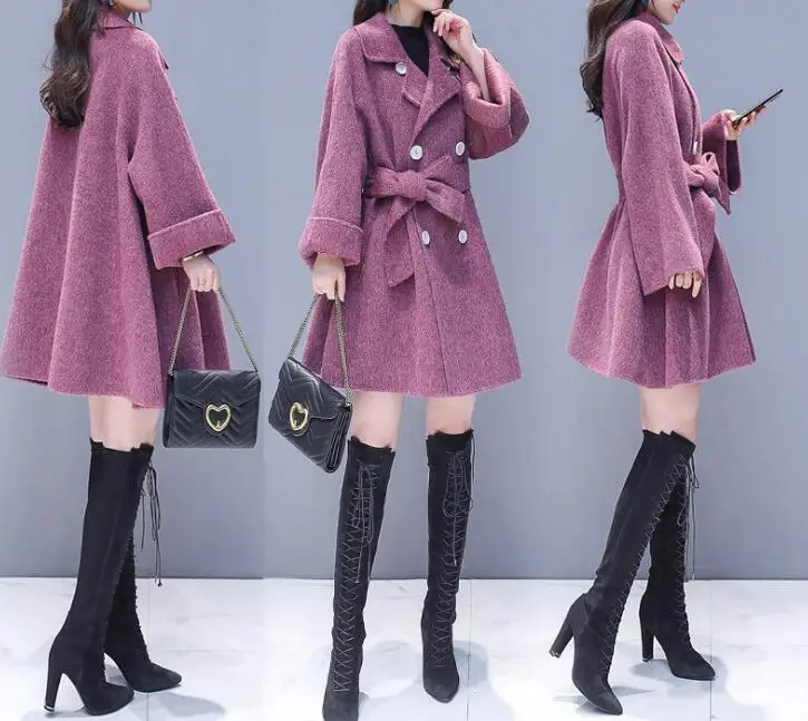 Женское шерстяное пальто с поясом Элегантное длинное на шнуровке отложным