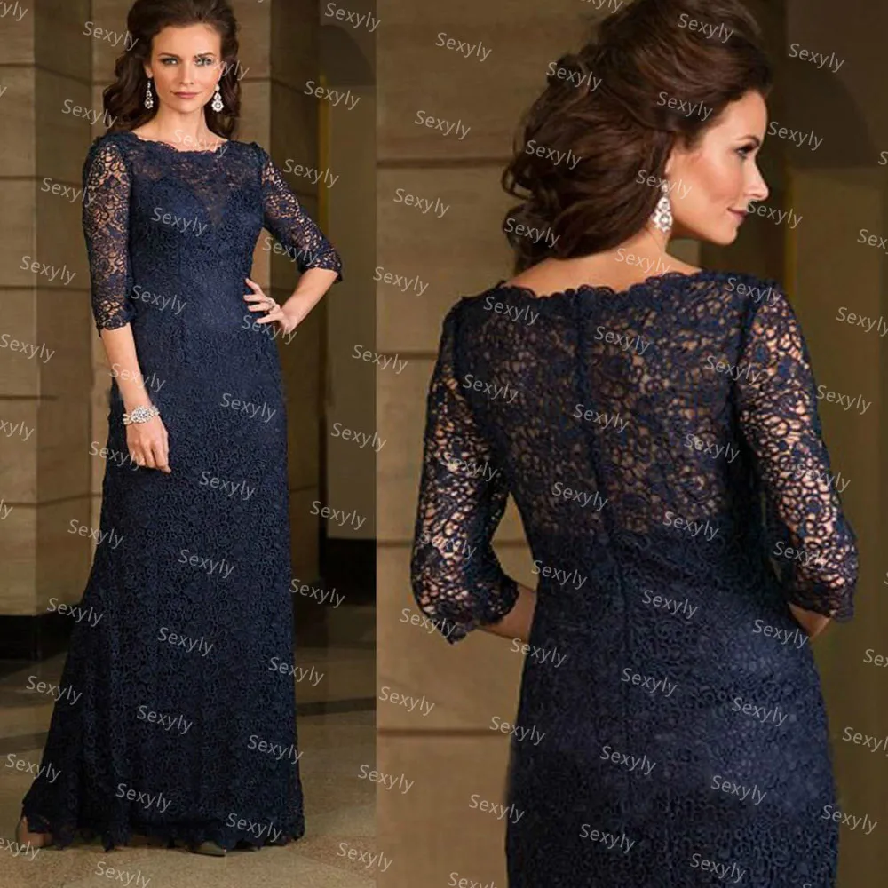 

Navy Blue Lace Mermaid Mother Of The Bride Dresses With Sleeves O Neck Full Length Elegant Wedding Guest Dress 2021 Robe Soirée