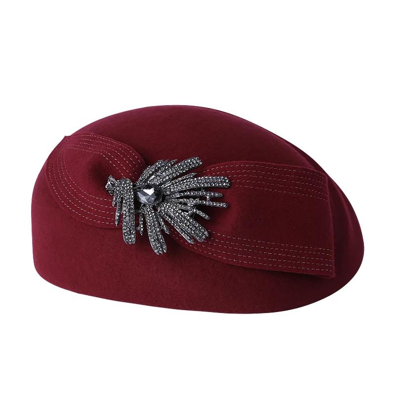 

100% Wool Felt Berets Women Party Flower Formal Fedora Hat Banquet Grace Woolen Pillbox Cap Beautiful Fascinator