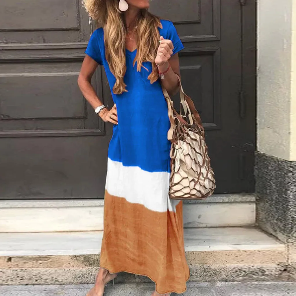 Women Maxi Dress Plus Size 5XL Daily Tie-dye Color Block Loose V Neck Short Sleeve Party Dresses ropa mujer 2020 NEW | Женская одежда