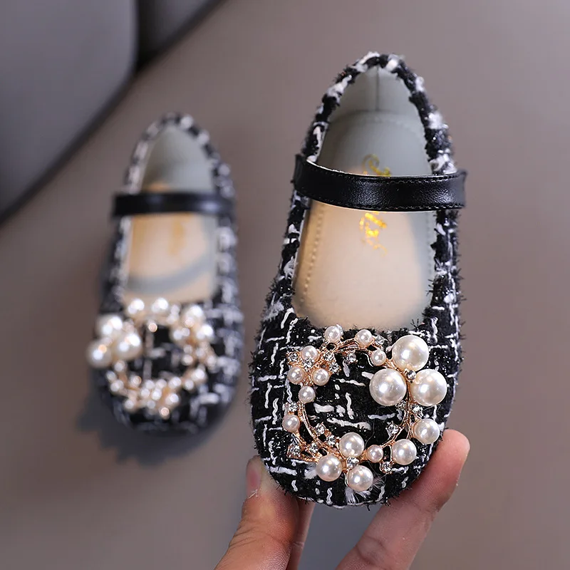 

2021 fashion Girl Plaid Mary Jane Pearl Children's Leather Shoes Fall Comfortable Protective Girl Baby kids Dance Shoes Flats