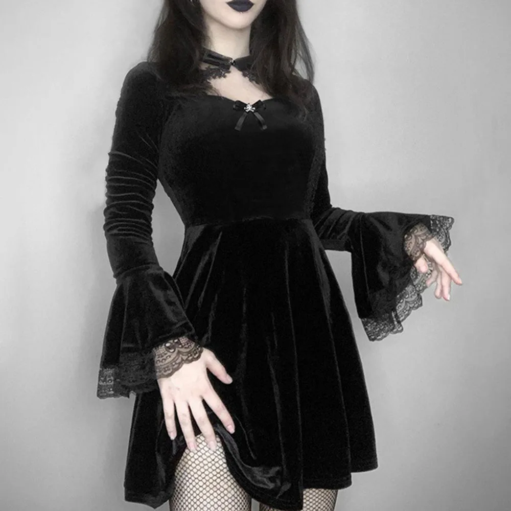 Женское платье с круглым вырезом готическое однотонное кружевными