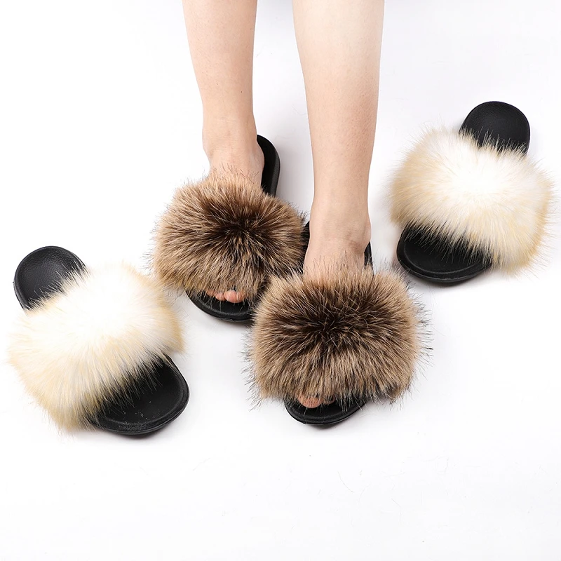 

Summer Women Fur Slippers Woman Fluffy Raccoon Fox Fur Slides Female Furry Outside Flat Flip Flop Ladies Slip On Sandals TX424