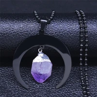 witchcraft divination moon purple natural crystal stainless steel necklace women black color necklaces jewelry bijuteria n3105