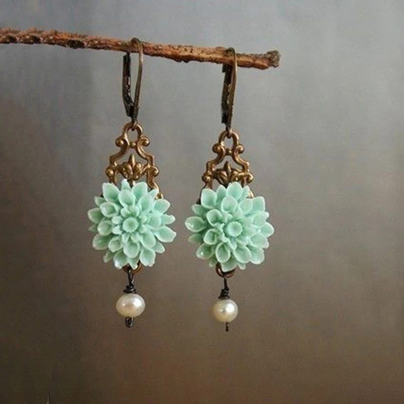 Женские винтажные серьги с гравировкой зеленый цвет камень цветок имитация