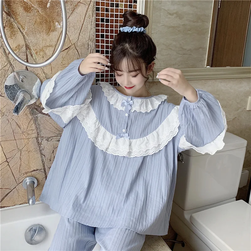 

Loose Pajamas Sets for Women Sleepwear Korean Version of Autumn Pure Cotton Lace Princess Sweet and Cute Student Home Service