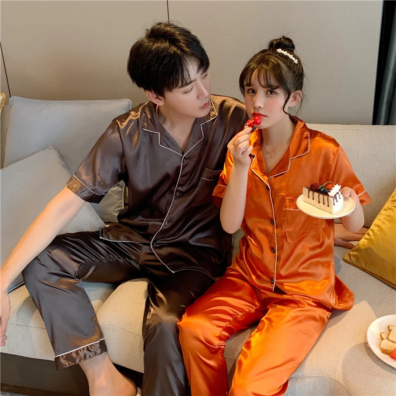 

Summer Couple Pajama Sets Silk Satin Sleepwear Sleep Tops Button-Down Home Suit Pijama Women Men Plus Size Loungewear Pyjamas