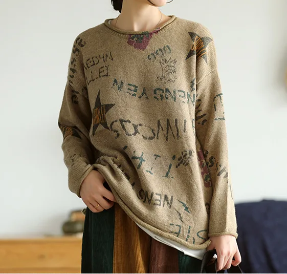 Autumn Sweater Women Fashion Loose Knitting Pullovers 2019 New Female Tops O-Neck Long-sleeved Print Letter Casual | Женская одежда