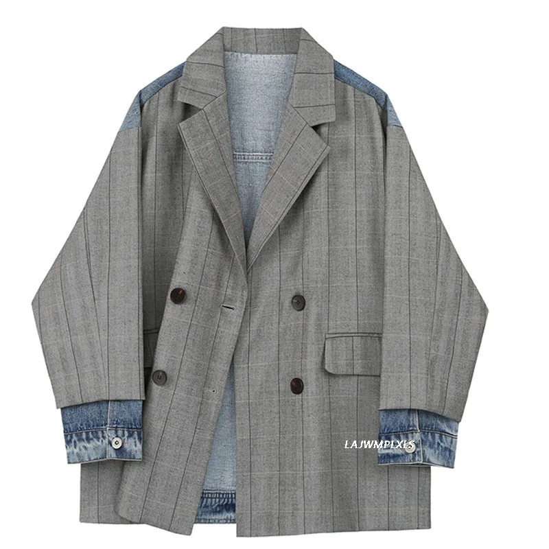 

Винтажный весенне-осенний 2021 женский серый клетчатый Джинсовый блейзер большого размера с отворотом и длинным рукавом, свободная модная ку...