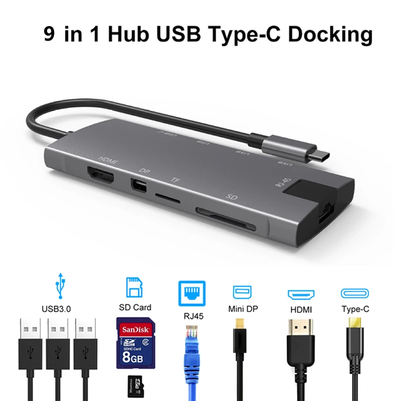 

USB C HUB 8 in 1 Aluminum Type adapter to HDMI-compatible minidp usb3.0 SD/TF CardReader RJ45 TYPE C for Charging usb c Hub