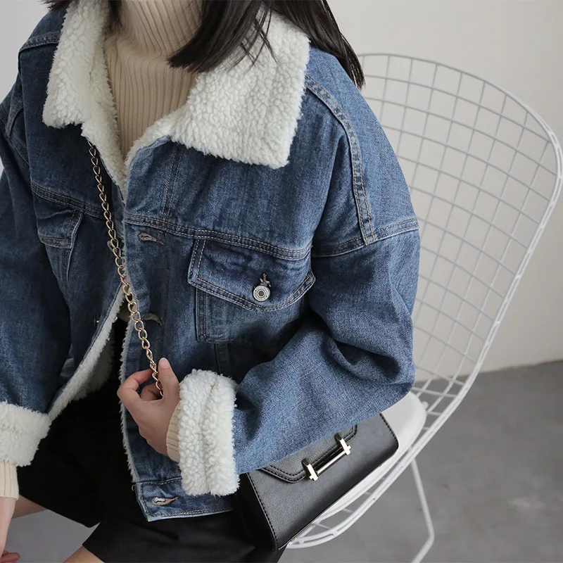 Женское джинсовое пальто из овечьей шерсти теплое с 4 карманами и длинными