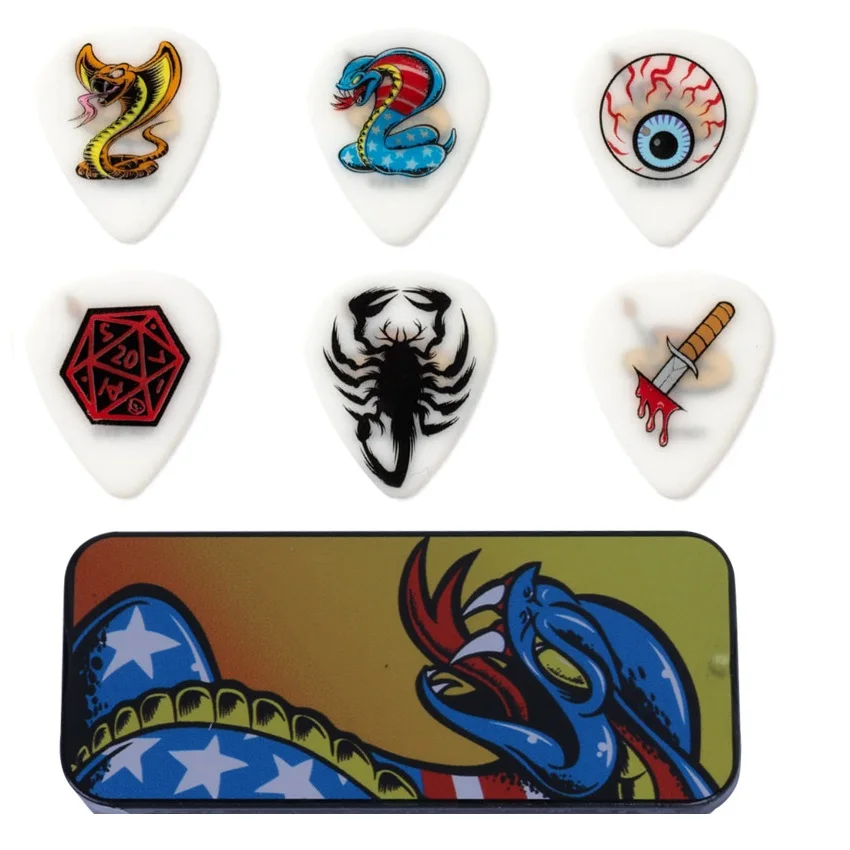 

6PCS 0.73mm Celluloid Dunlop Guitar picks Snake Picks with Metal Box