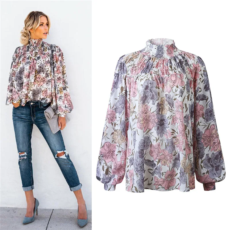 Модный с цветком с пышными рукавами блузки для женщин Boho шифоновая блузка офисные женские шорты с цветочным принтом Женская туника блуза-рубашка