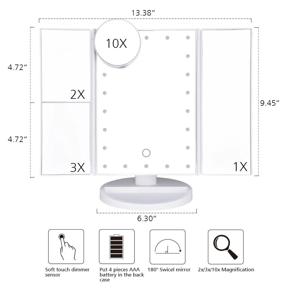 22 светильник светодиодный макияж сенсорный экран зеркало 1X/2X/3X/10X увеличительное